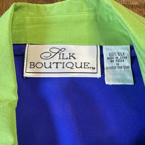 Vintage 100% Silk Blouse Blue Green Color Block Button Down Shirt Womens Sz 1X - Picture 2 of 6